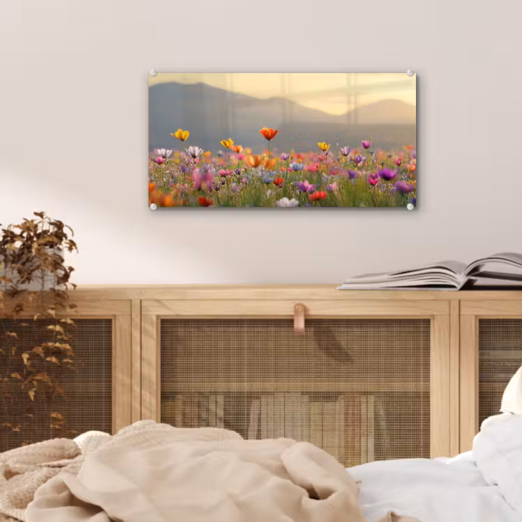 Glas schilderij - Bloemenveld - Bergen - Zonlicht - Bloemen — 5