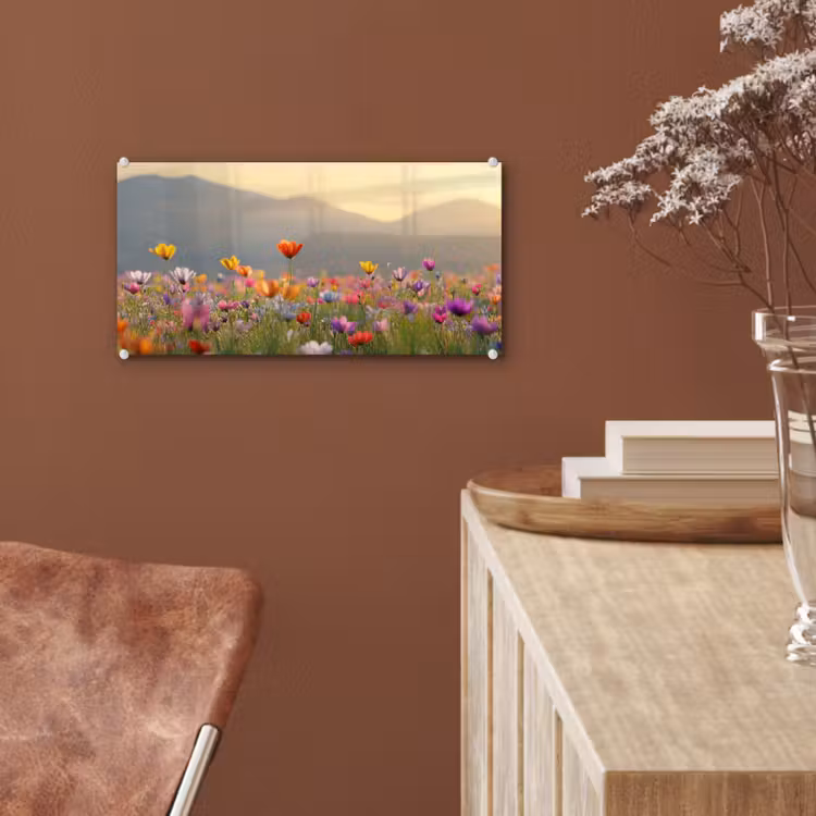Glas schilderij - Bloemenveld - Bergen - Zonlicht - Bloemen — 6