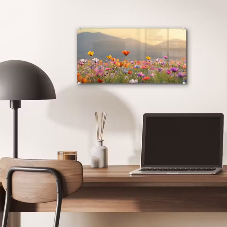 Glas schilderij - Bloemenveld - Bergen - Zonlicht - Bloemen — 7