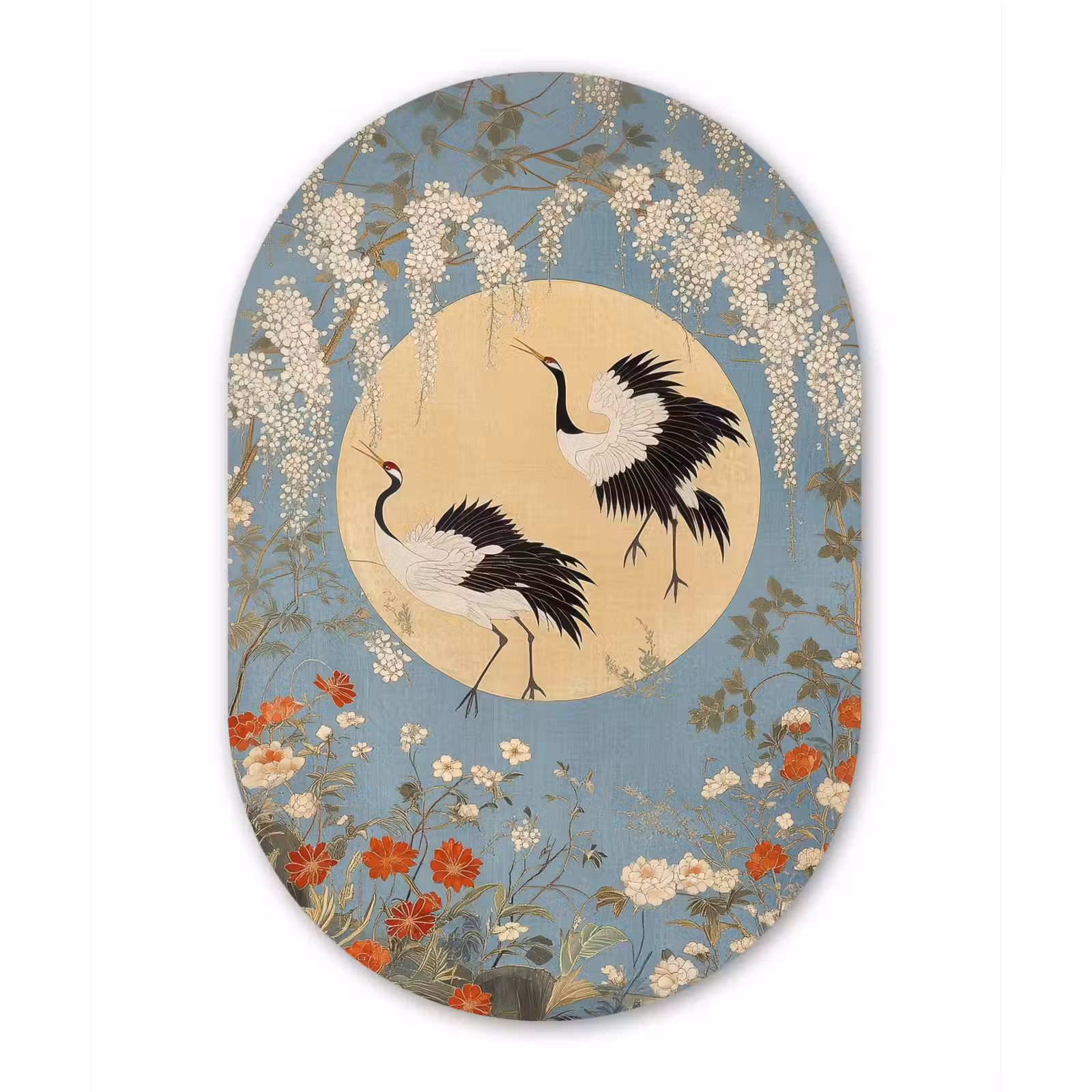 Muurovaal Glas – Kraanvogels - Maan - Bloemen - Blauw — 1