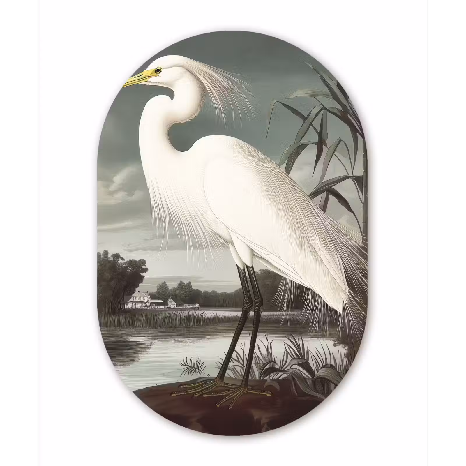 Muurovaal Glas – Reiger - Planten - Wolken - Wit — 1