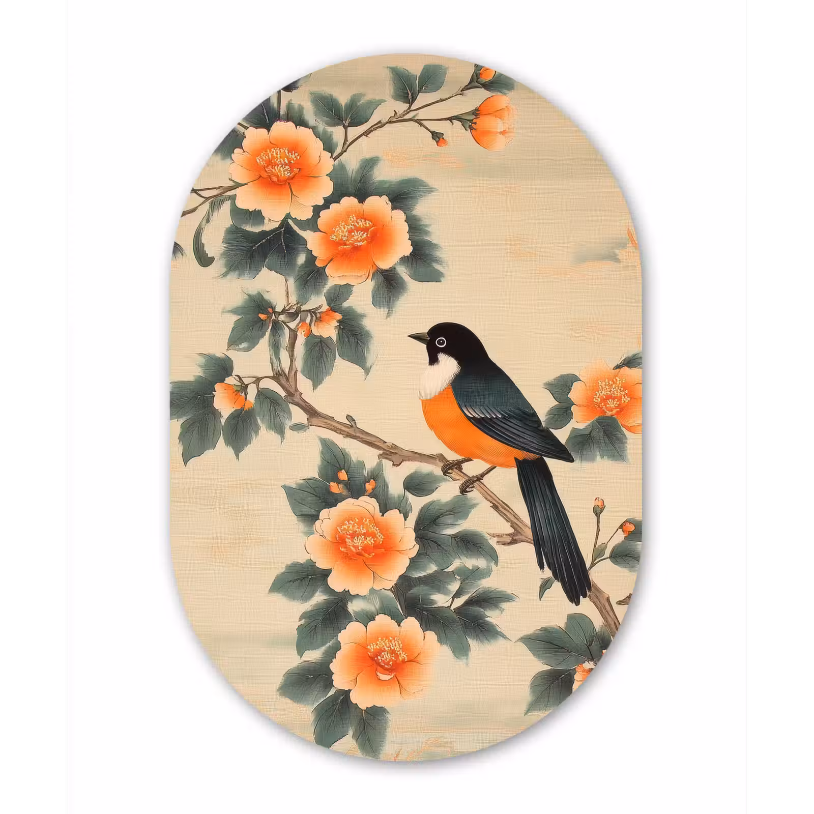 Muurovaal Glas – Vogel - Tak - Bloemen - Oranje — 1