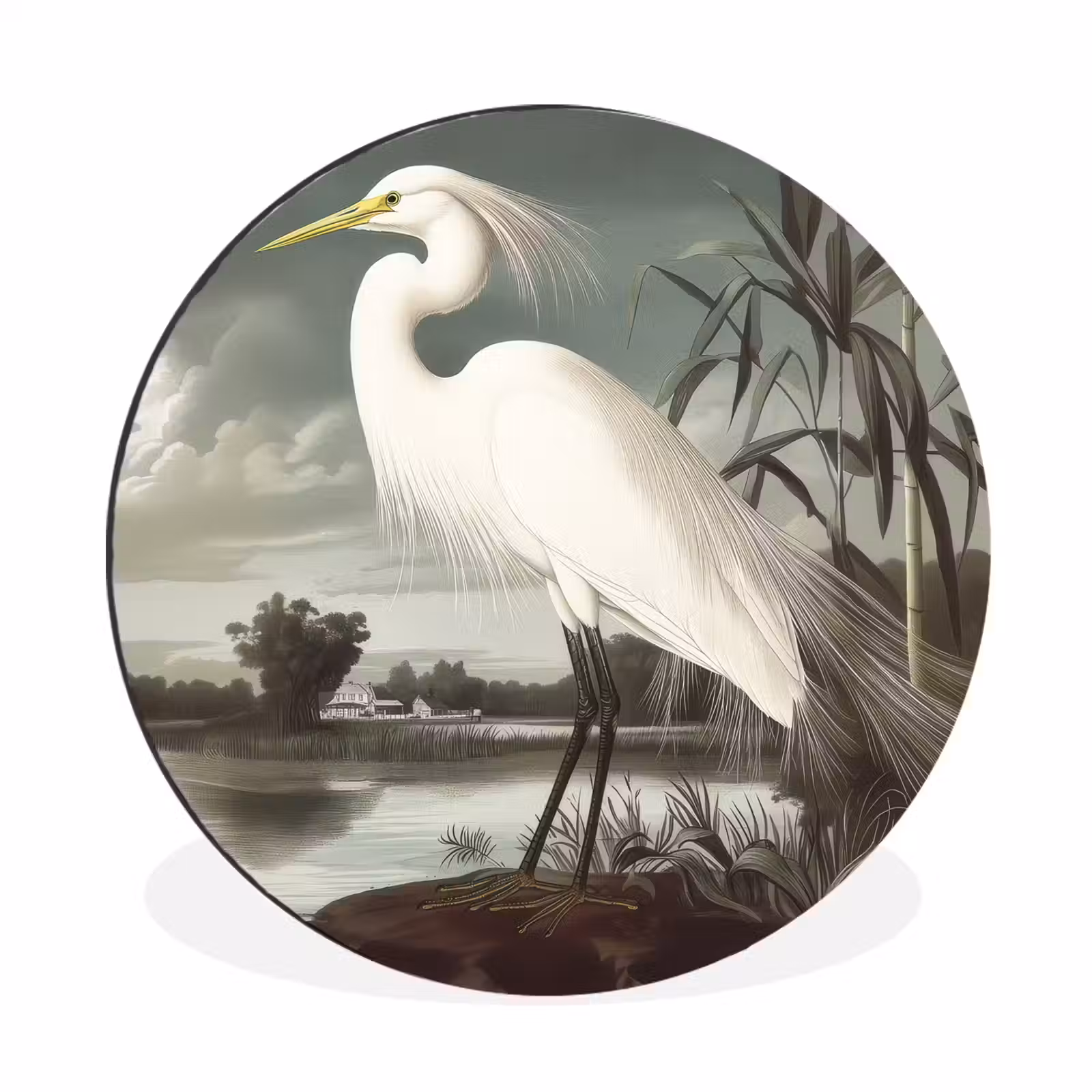 Wandcirkel - aluminium - Reiger - Planten - Wolken - Wit — 1