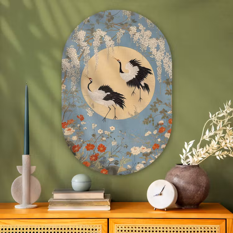 Muurovaal Glas – Kraanvogels - Maan - Bloemen - Blauw — 2