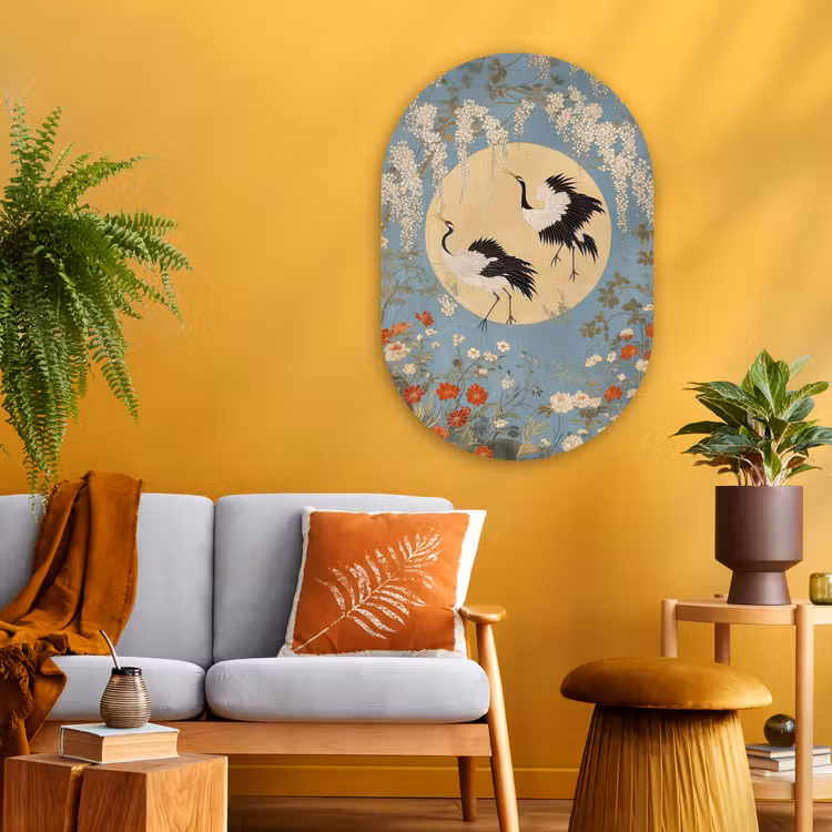 Muurovaal Glas – Kraanvogels - Maan - Bloemen - Blauw — 3