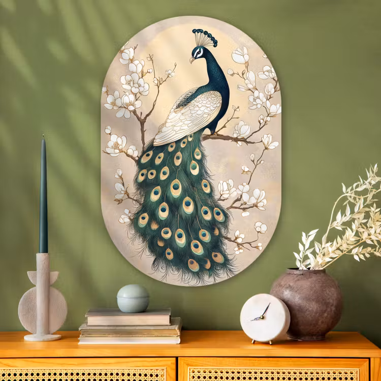 Muurovaal Glas – Pauw - Tak - Bloemen — 2