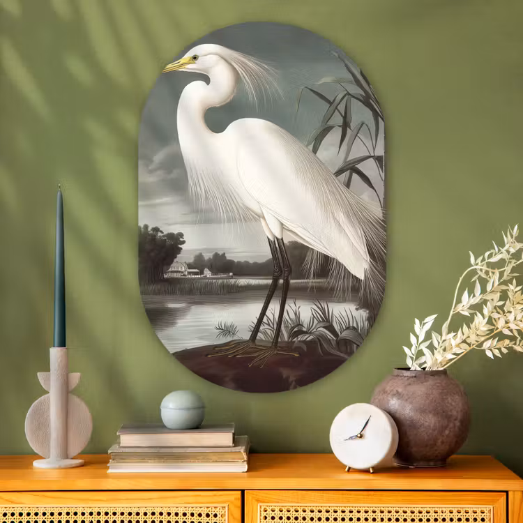 Muurovaal Glas – Reiger - Planten - Wolken - Wit — 2