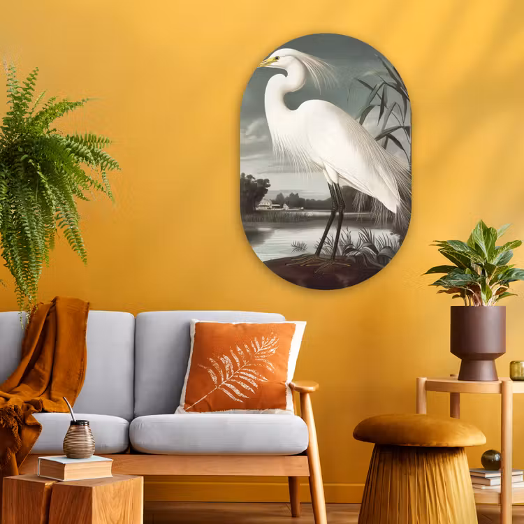Muurovaal Glas – Reiger - Planten - Wolken - Wit — 3