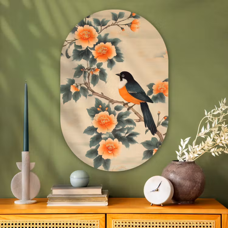 Muurovaal Glas – Vogel - Tak - Bloemen - Oranje — 2