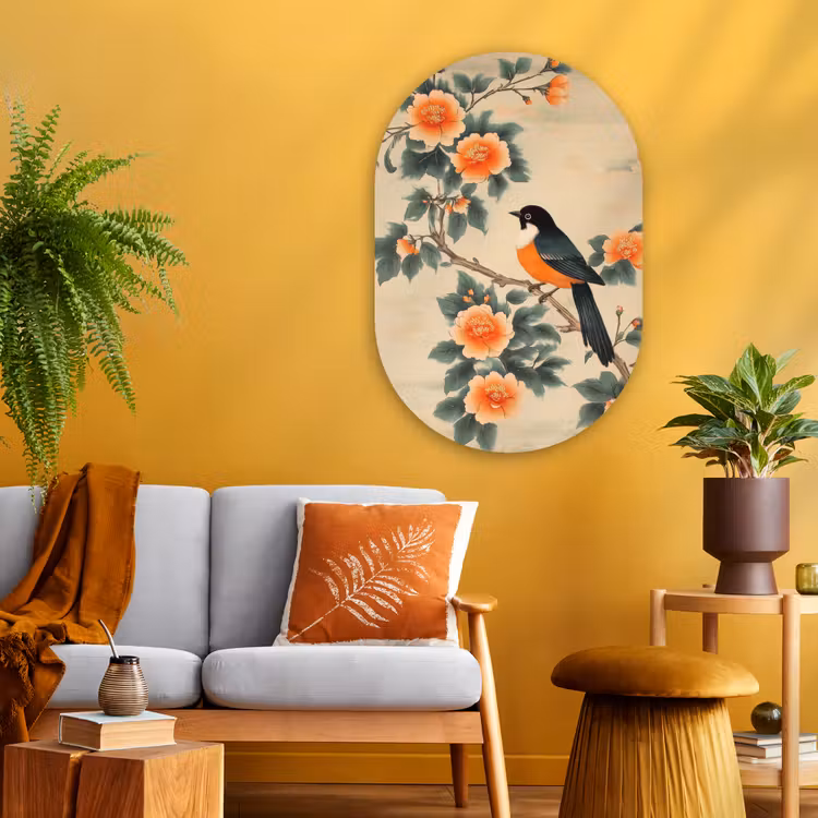 Muurovaal Glas – Vogel - Tak - Bloemen - Oranje — 3