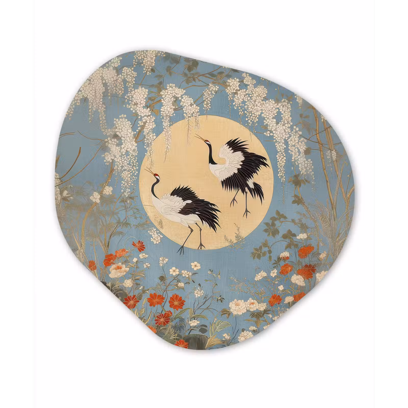 Organisch schilderij – Kraanvogels - Maan - Bloemen - Blauw — 1
