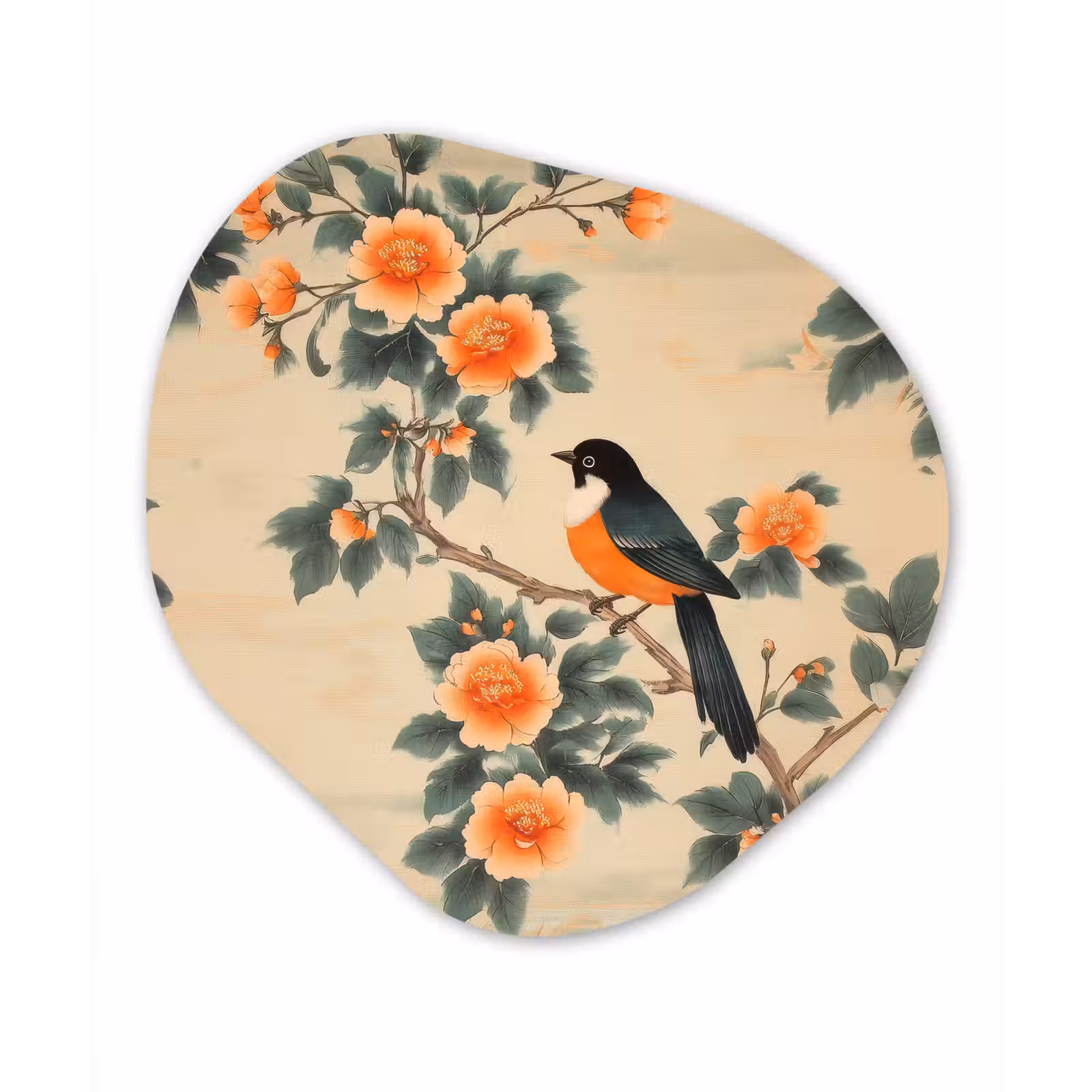 Organisch schilderij – Vogel - Tak - Bloemen - Oranje — 1