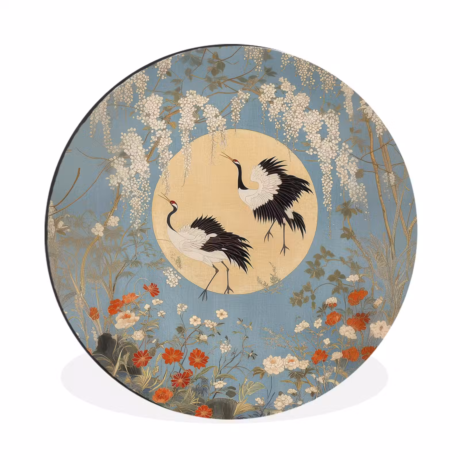 Wandcirkel - aluminium - Kraanvogels - Maan - Bloemen - Blauw — 1