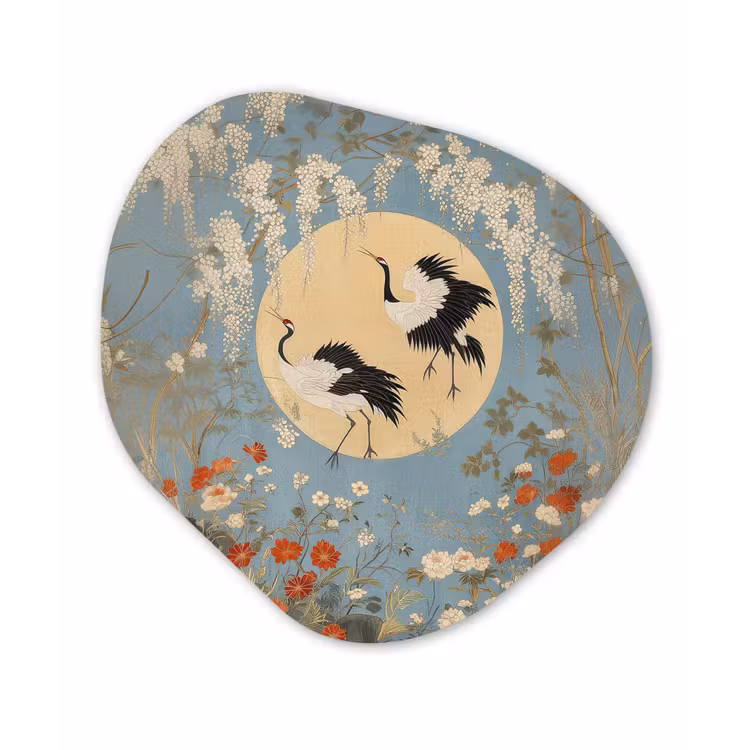 Organisch schilderij – Kraanvogels - Maan - Bloemen - Blauw — 1