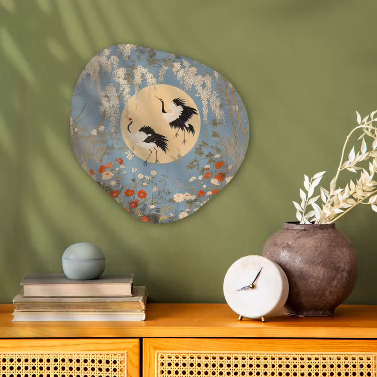 Organisch schilderij – Kraanvogels - Maan - Bloemen - Blauw — 2
