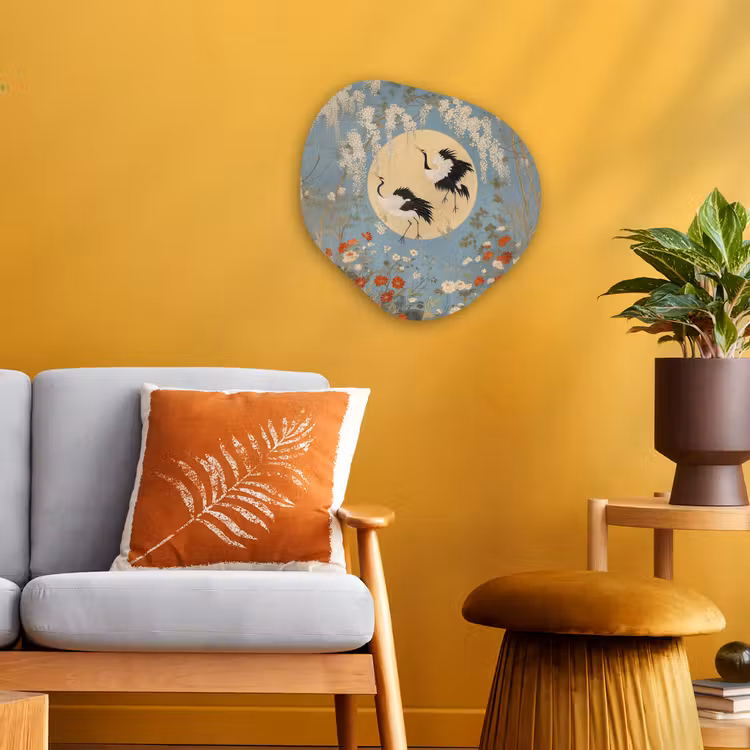 Organisch schilderij – Kraanvogels - Maan - Bloemen - Blauw — 3