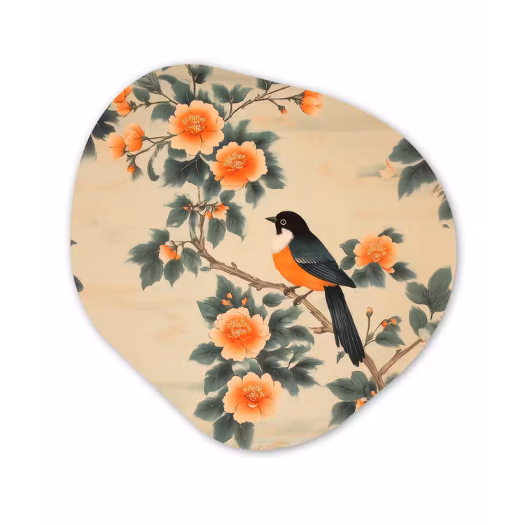 Organisch schilderij – Vogel - Tak - Bloemen - Oranje — 1