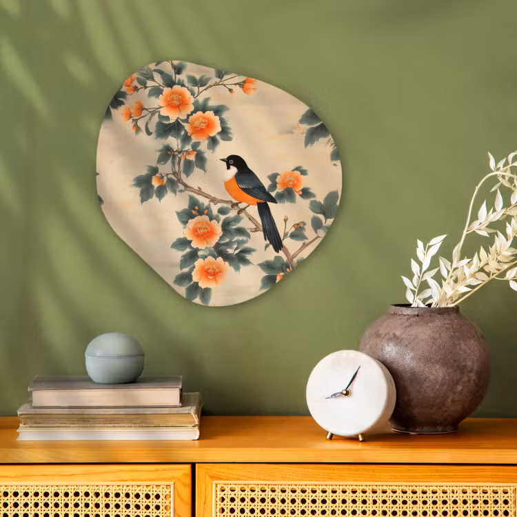 Organisch schilderij – Vogel - Tak - Bloemen - Oranje — 2