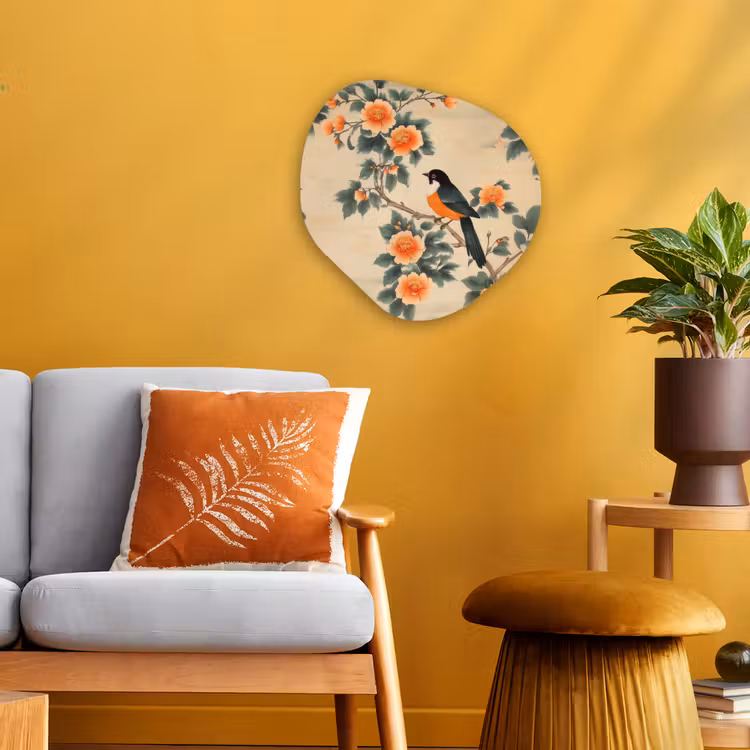 Organisch schilderij – Vogel - Tak - Bloemen - Oranje — 3