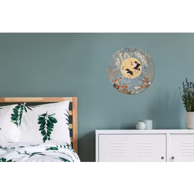 Wandcirkel - aluminium - Kraanvogels - Maan - Bloemen - Blauw — 4