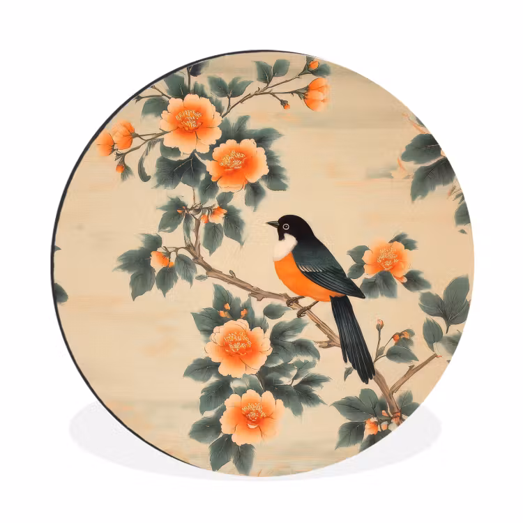 Wandcirkel - aluminium - Vogel - Tak - Bloemen - Oranje — 1