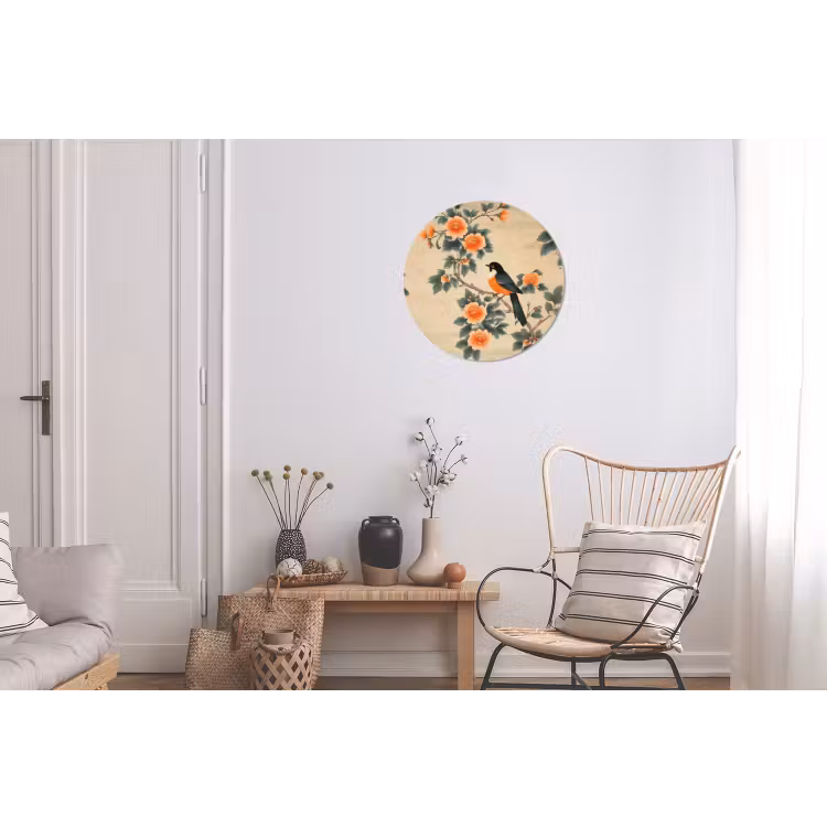 Wandcirkel - aluminium - Vogel - Tak - Bloemen - Oranje — 2