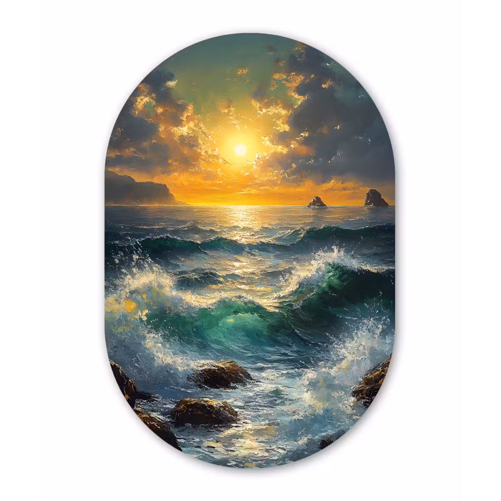 Muurovaal Glas – Zee - Zon - Golven - Rotsen — 1