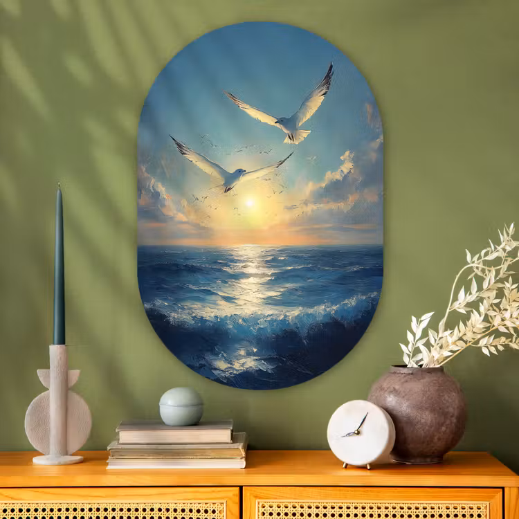 Muurovaal Glas – Meeuwen - Zee - Wolken -Blauw — 2
