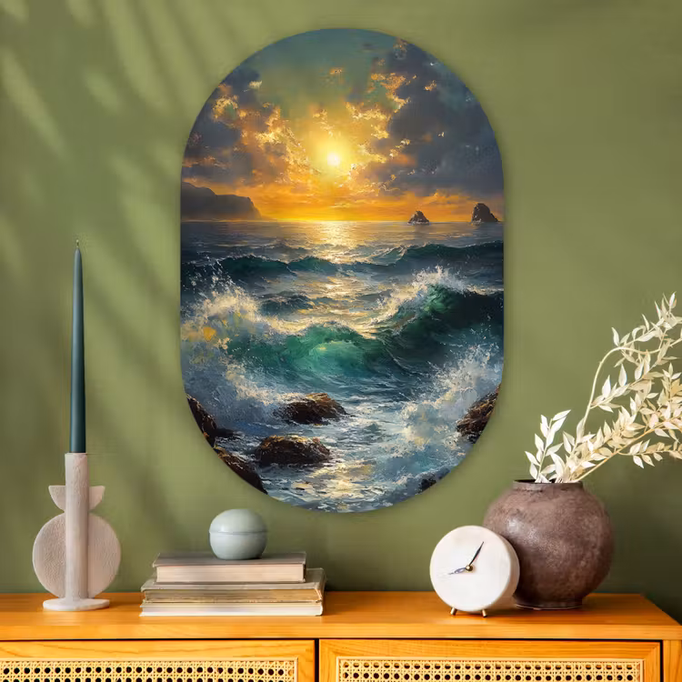 Muurovaal Glas – Zee - Zon - Golven - Rotsen — 2