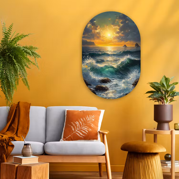 Muurovaal Glas – Zee - Zon - Golven - Rotsen — 3
