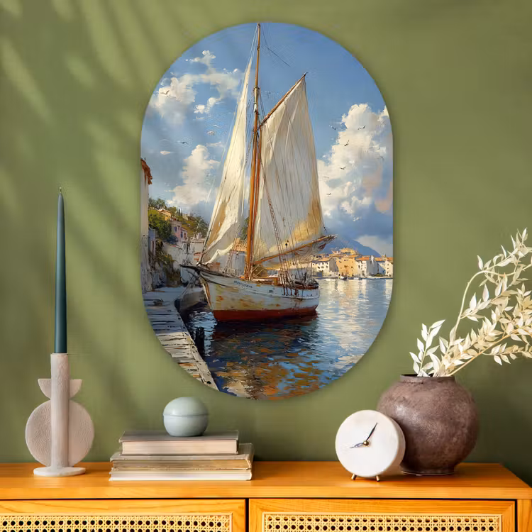 Muurovaal Glas – Zeilschip - Huizen - Kade - Zee — 2