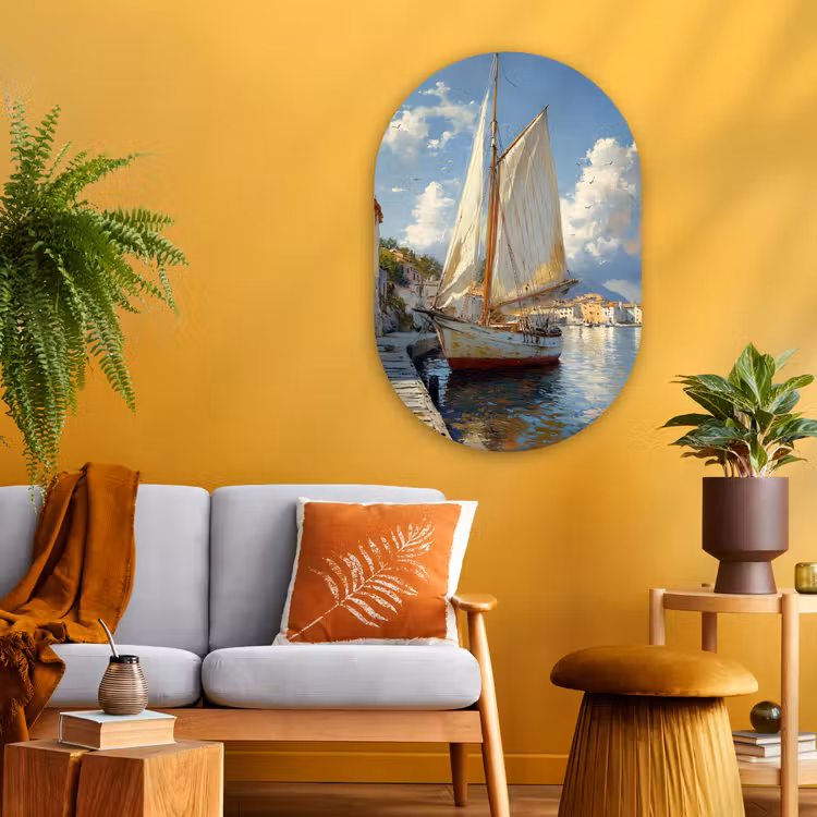 Muurovaal Glas – Zeilschip - Huizen - Kade - Zee — 3