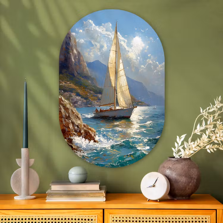 Muurovaal Glas – Zeilschip - Zee - Rotsen - Wolken — 2