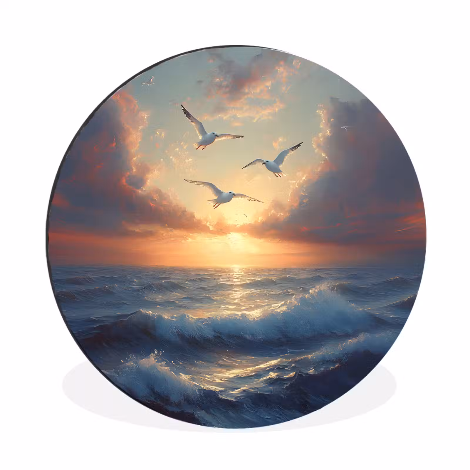 Wandcirkel Aluminium – Meeuwen - Zonsondergang - Zee - Wolken — 1