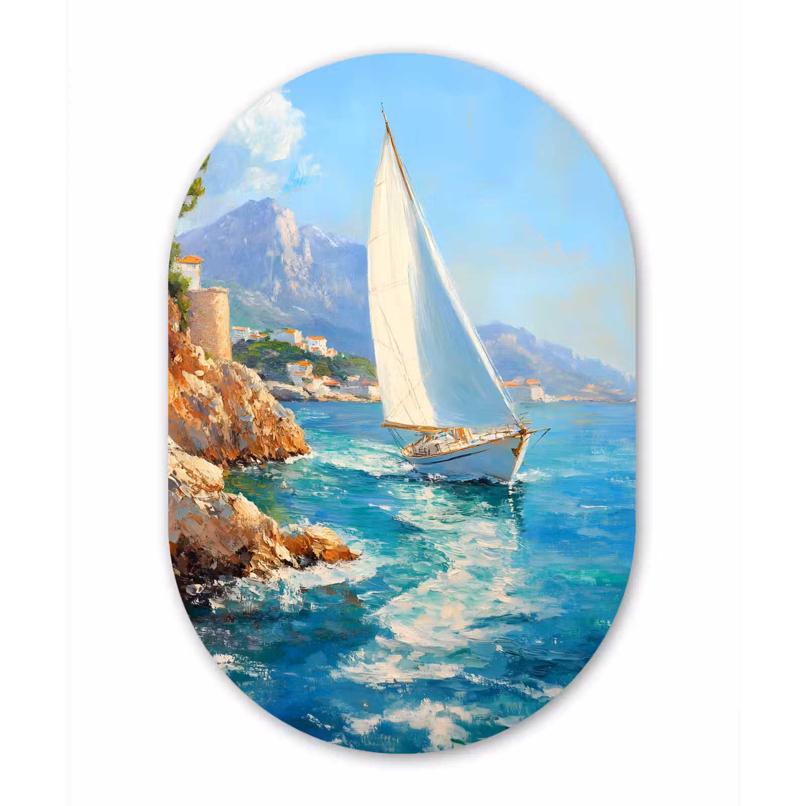 Muurovaal Glas – Zeilboot - Rotsen - Kust - Huizen — 1