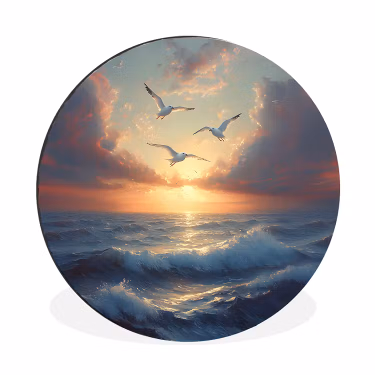 Wandcirkel Aluminium – Meeuwen - Zonsondergang - Zee - Wolken — 1