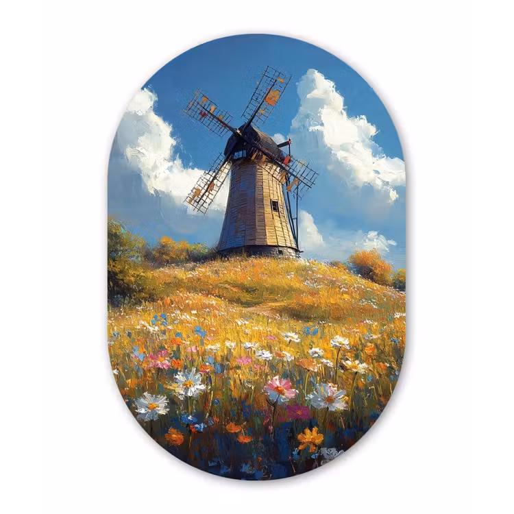 Muurovaal Glas – Windmolen - Heuvel - Bloemen - Kleurrijk — 1