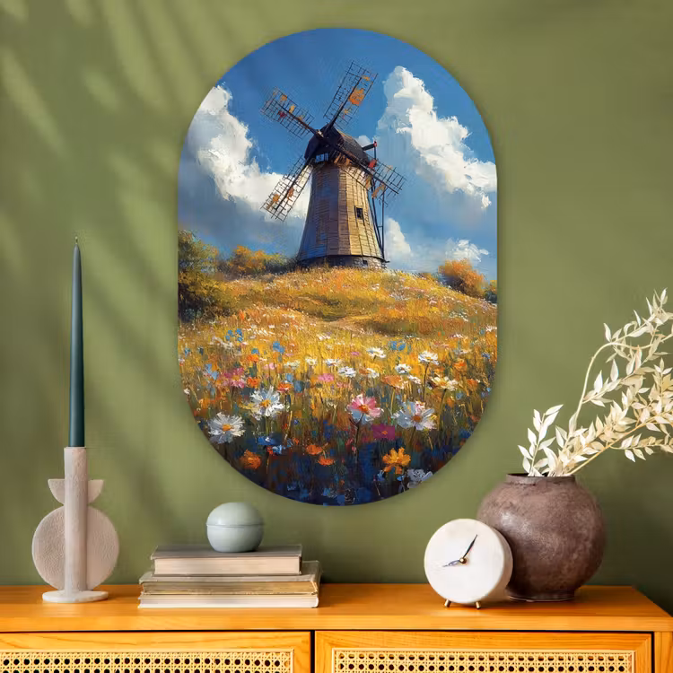 Muurovaal Glas – Windmolen - Heuvel - Bloemen - Kleurrijk — 2