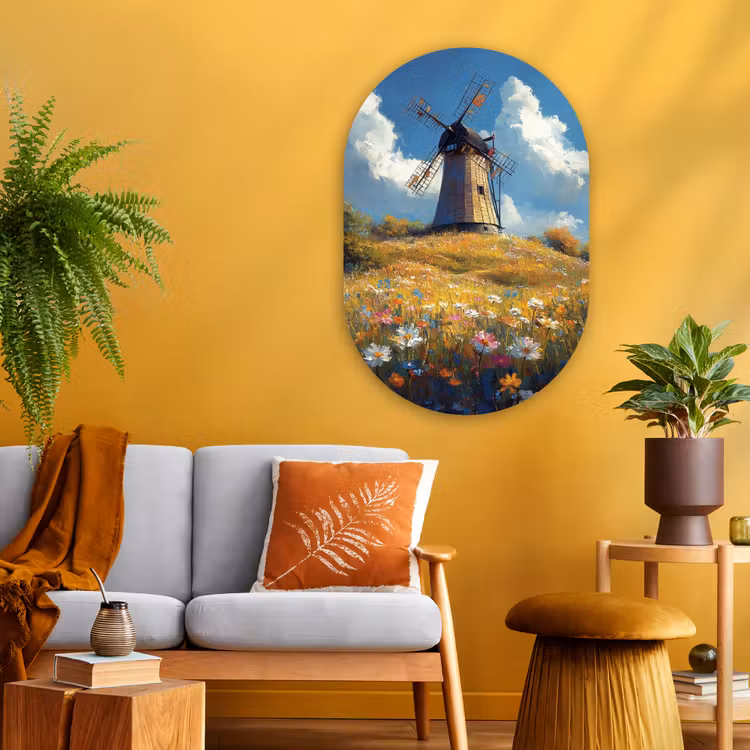 Muurovaal Glas – Windmolen - Heuvel - Bloemen - Kleurrijk — 3