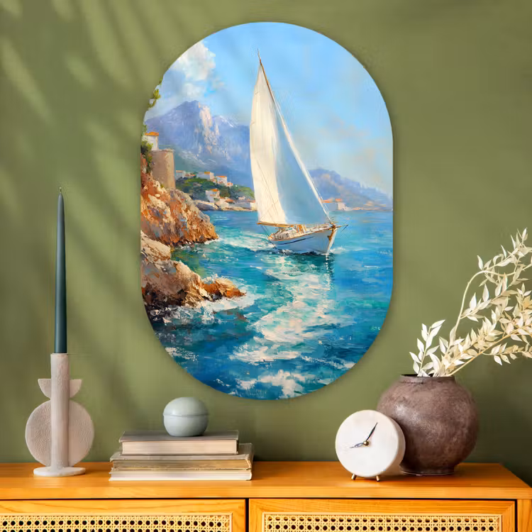 Muurovaal Glas – Zeilboot - Rotsen - Kust - Huizen — 2
