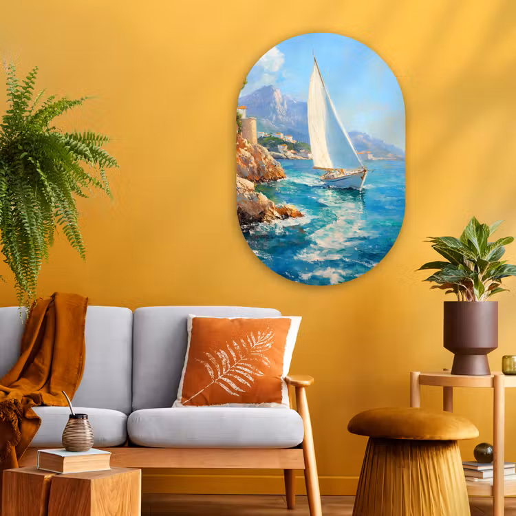 Muurovaal Glas – Zeilboot - Rotsen - Kust - Huizen — 3