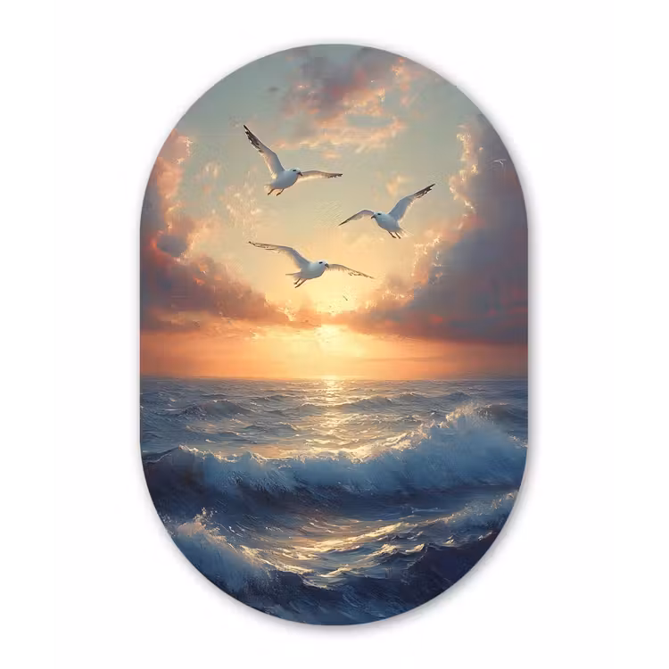 Muurovaal Glas – Meeuwen - Zonsondergang - Zee - Wolken — 1
