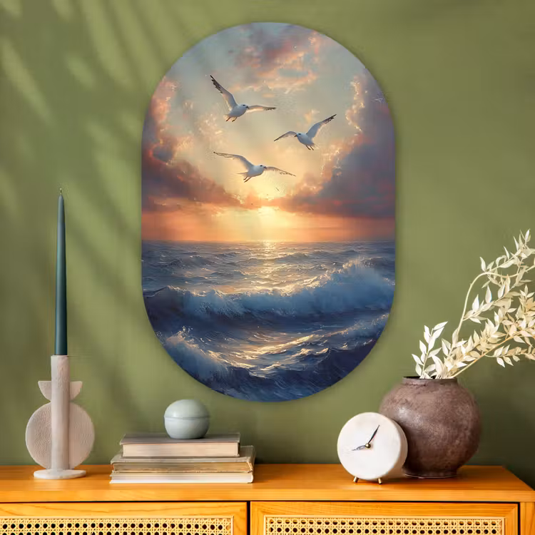 Muurovaal Glas – Meeuwen - Zonsondergang - Zee - Wolken — 2