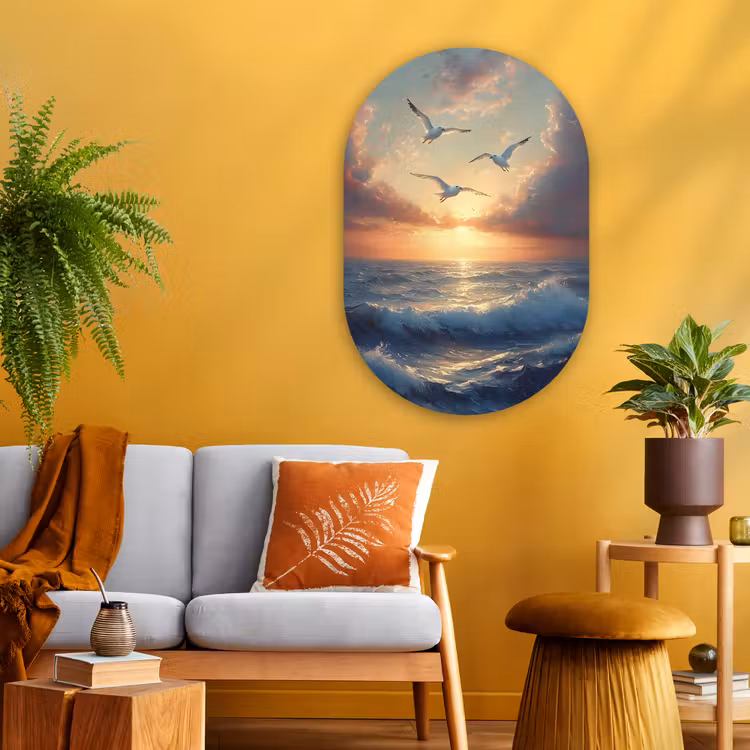 Muurovaal Glas – Meeuwen - Zonsondergang - Zee - Wolken — 3