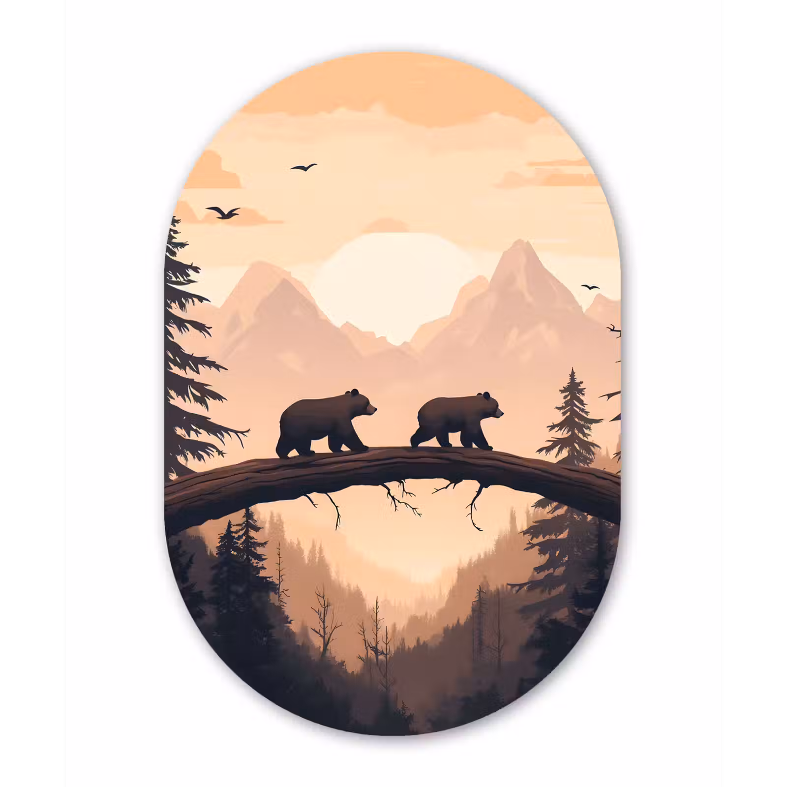 Muurovaal glas - Beren - Bomen - Landschap - Zonsondergang — 1