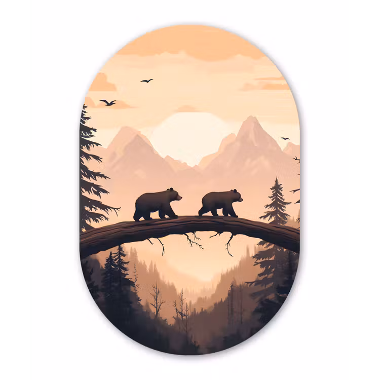 Muurovaal glas - Beren - Bomen - Landschap - Zonsondergang — 1