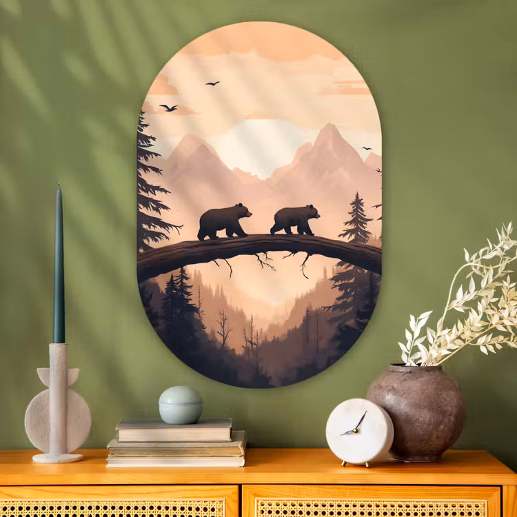 Muurovaal glas - Beren - Bomen - Landschap - Zonsondergang — 2