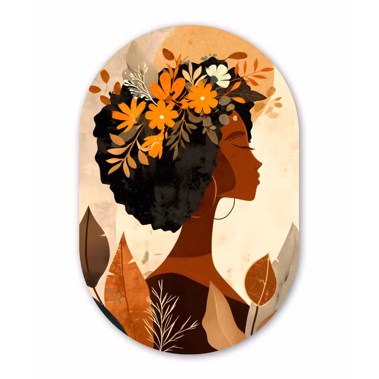 Muurovaal glas - Vrouw - Krullen - Bloemen - Beige — 1