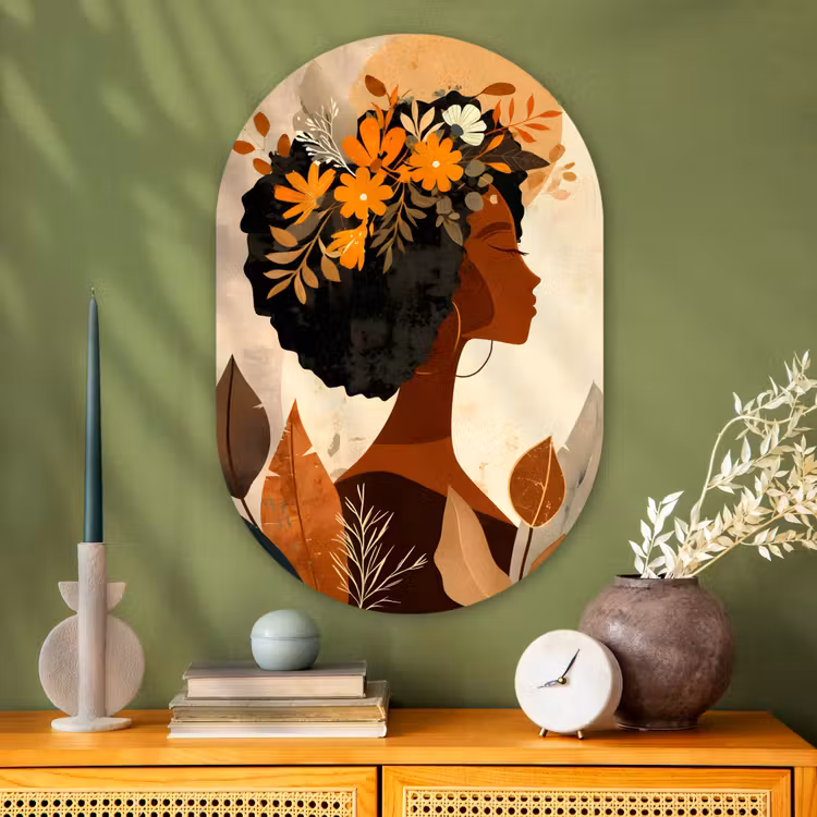 Muurovaal glas - Vrouw - Krullen - Bloemen - Beige — 2