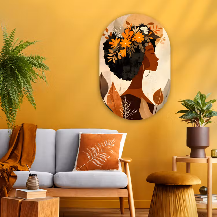Muurovaal glas - Vrouw - Krullen - Bloemen - Beige — 3